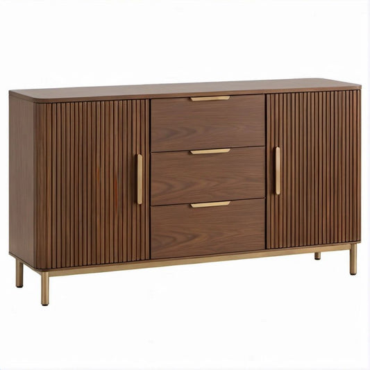 Walnut Brown Sideboard with 3 Drawers, 2 Fluted Doors and Brass Gold Legs, 60 x 16 x 34 in